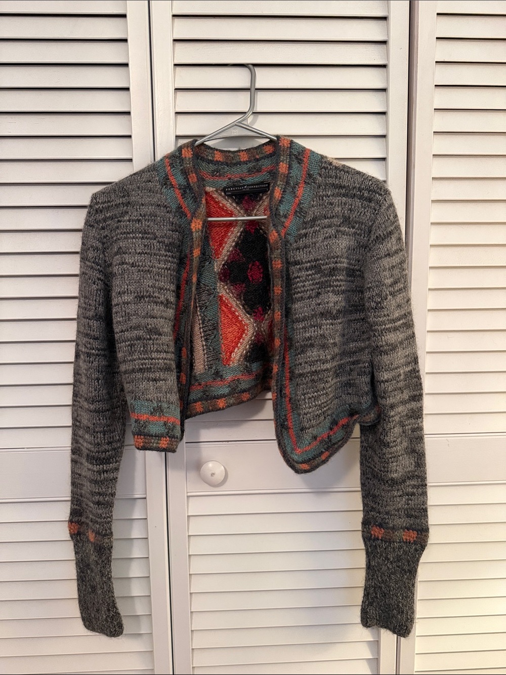 Peruvian Connection Gray Cropped Cardigan with Orange & Teal Trim